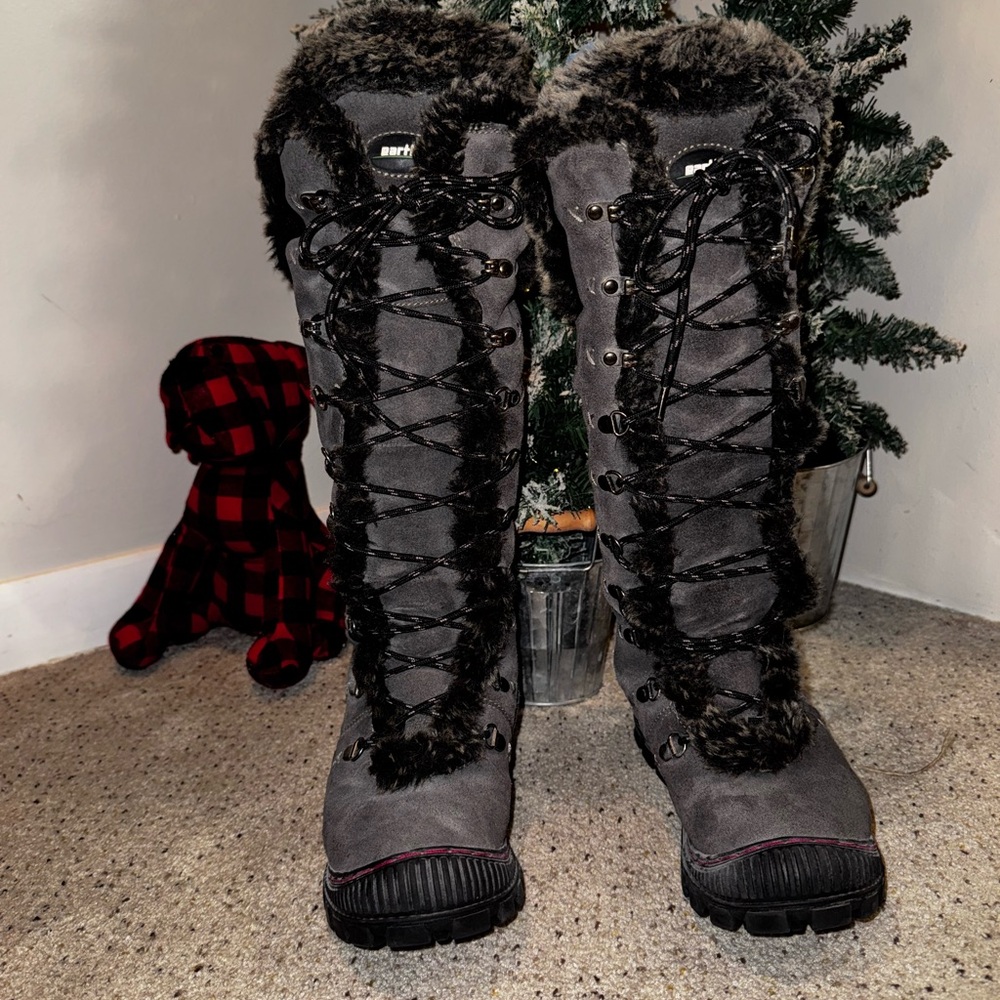 Earth gray suede tall waterproof winter boots. Size 6